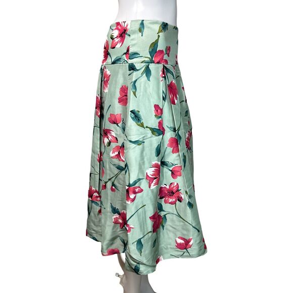 Express Skirt Women 6 Green Pink Floral Design Studio A-Line Skirt Silk Colorful - Picture 2 of 8